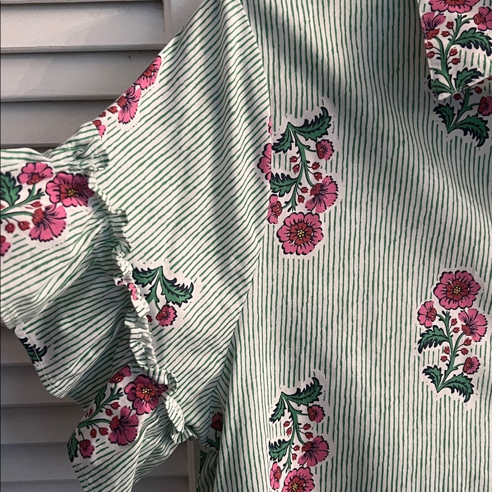 J. Crew Mint Green Striped Shirt with Pink Floral Print - Picture 3 of 7